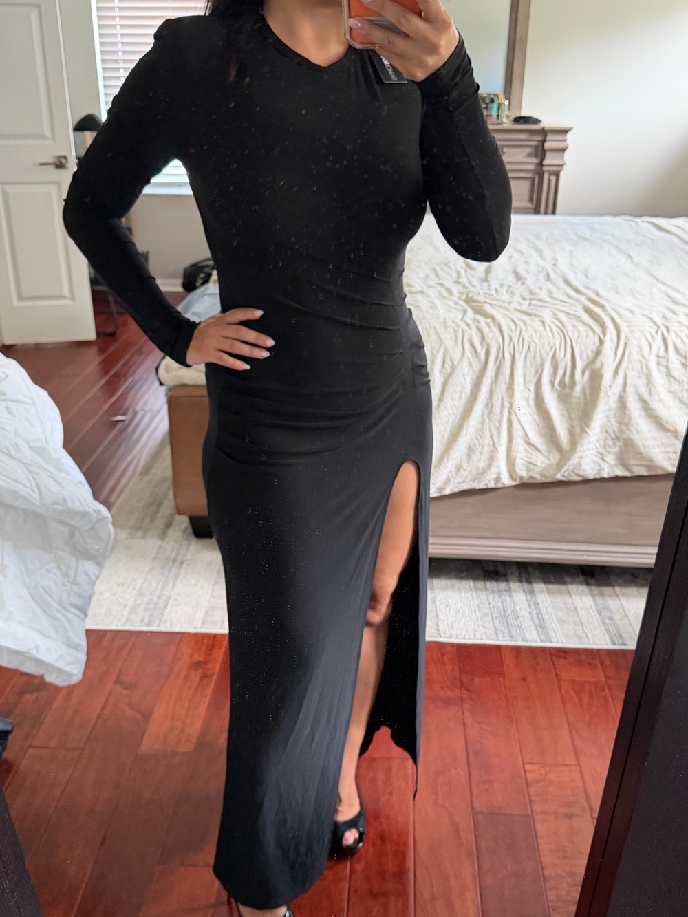 Zara Black Long Sleeve Maxi Dress with High Thigh Slit